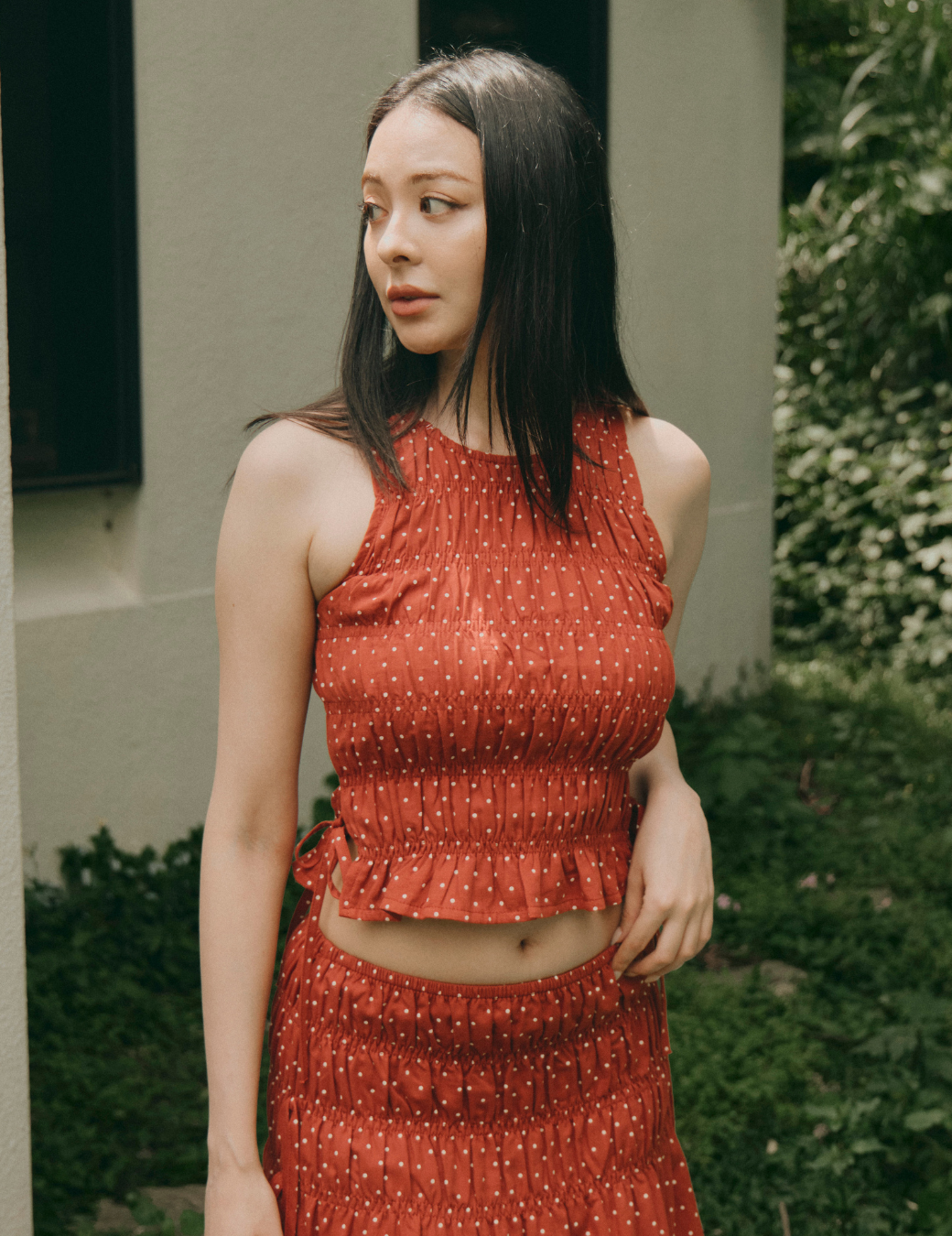 波點抓皺側綁帶背心（橘紅色／2尺寸）