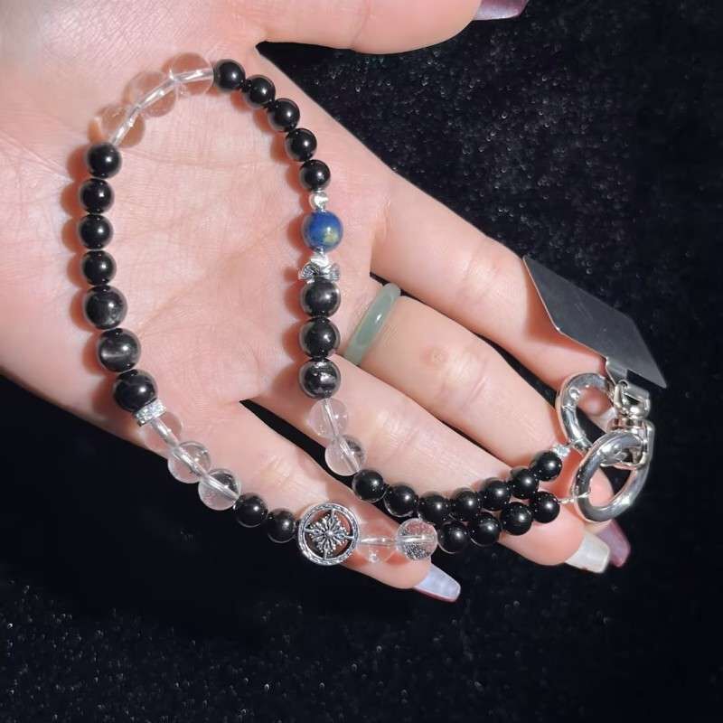 BRA-JJG0407-136 金运石手机链，合金，黑碧玺6mm，白水晶7mm,金运石7mm，舒俱来7mm (A136)