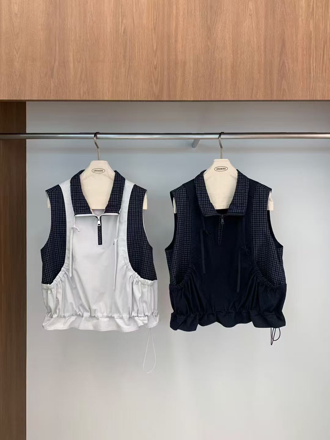 OM6032 拼布格紋假兩件背心