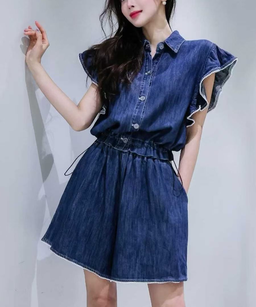 HP6036 荷葉束腰牛仔短裙套裝