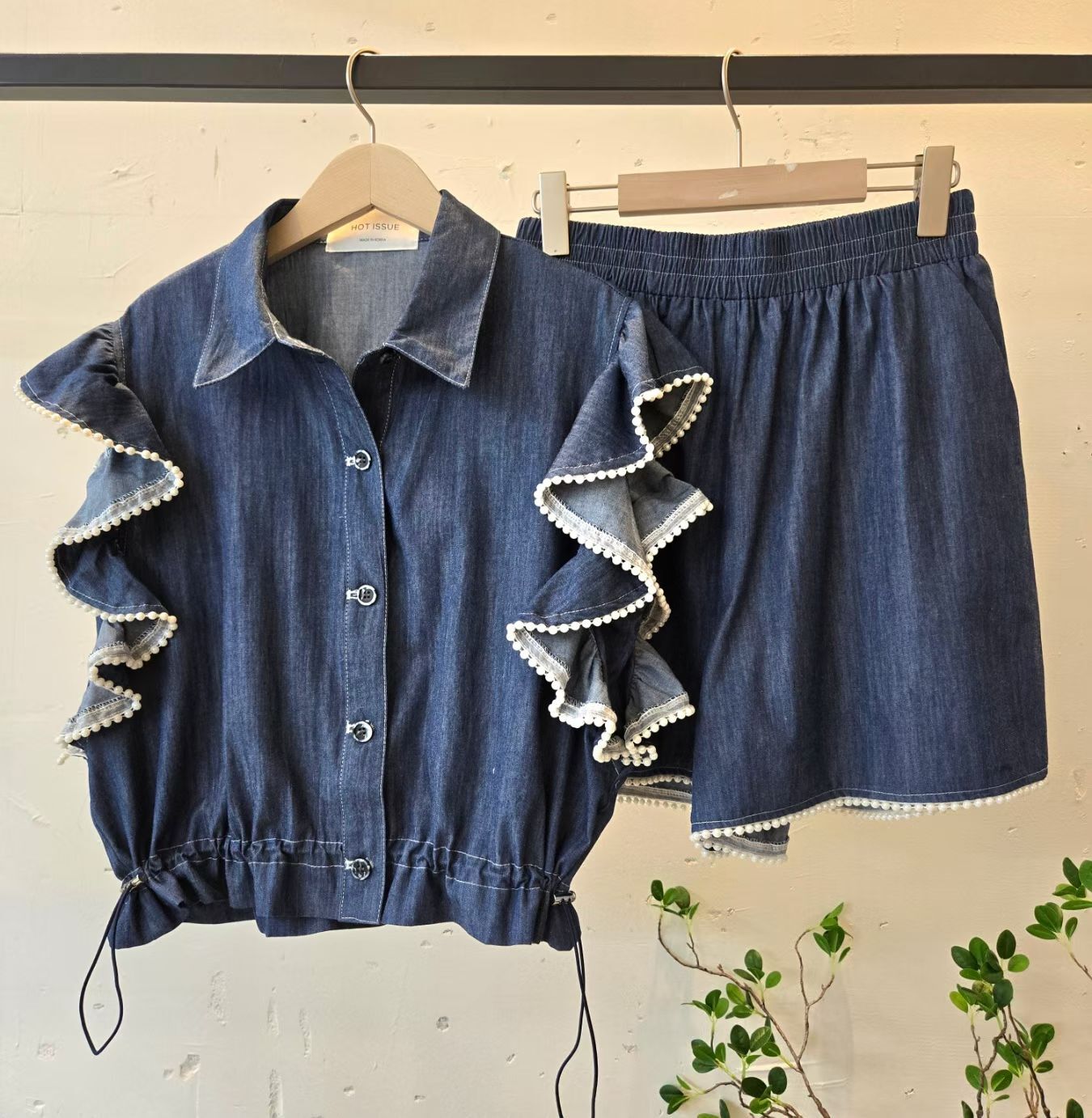 HP6036 荷葉束腰牛仔短裙套裝