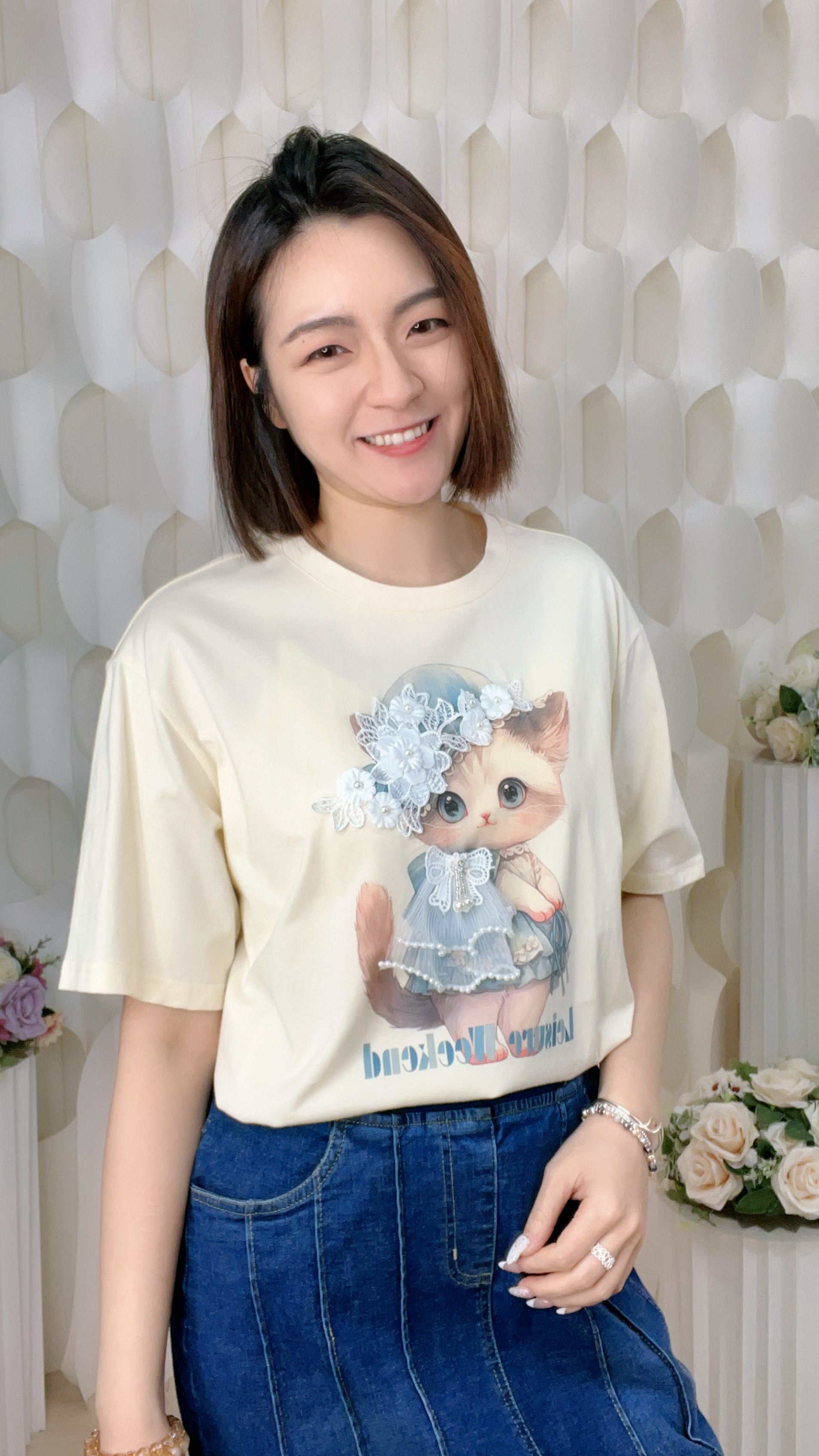 立體花花貓貓圖案滑棉上衣(胸42-48 腰42-48 長25吋)26028 #0704clo