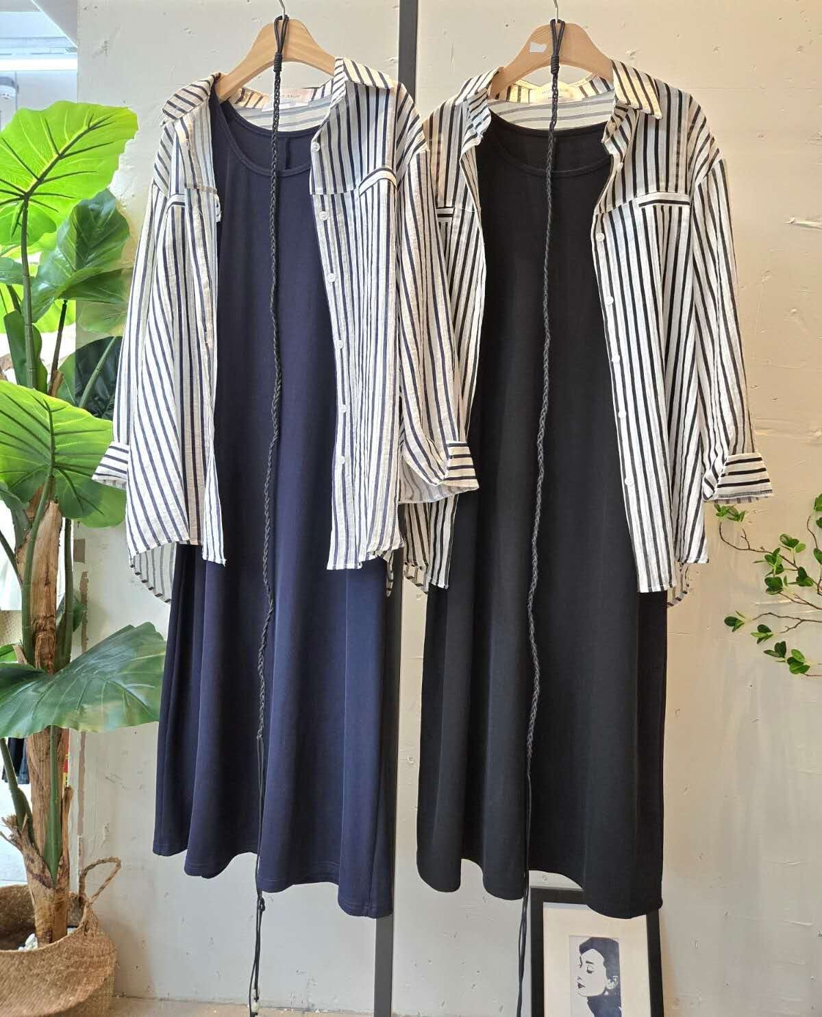 HP6038 隨性直條紋恤衫連身裙套裝