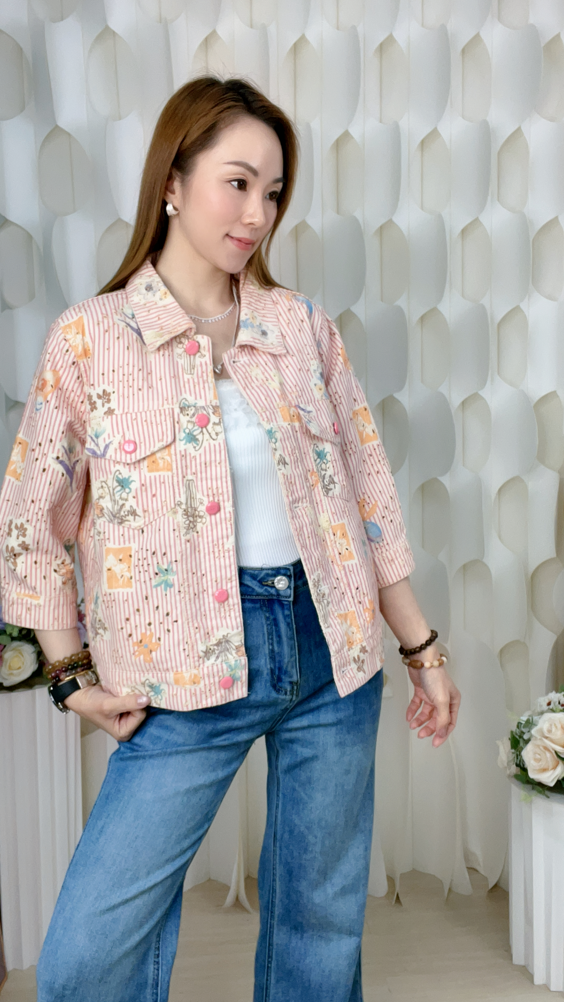 條子圖案通花刺繡扯布(胸:M40/L:42/XL:44吋)7587 #0704clo