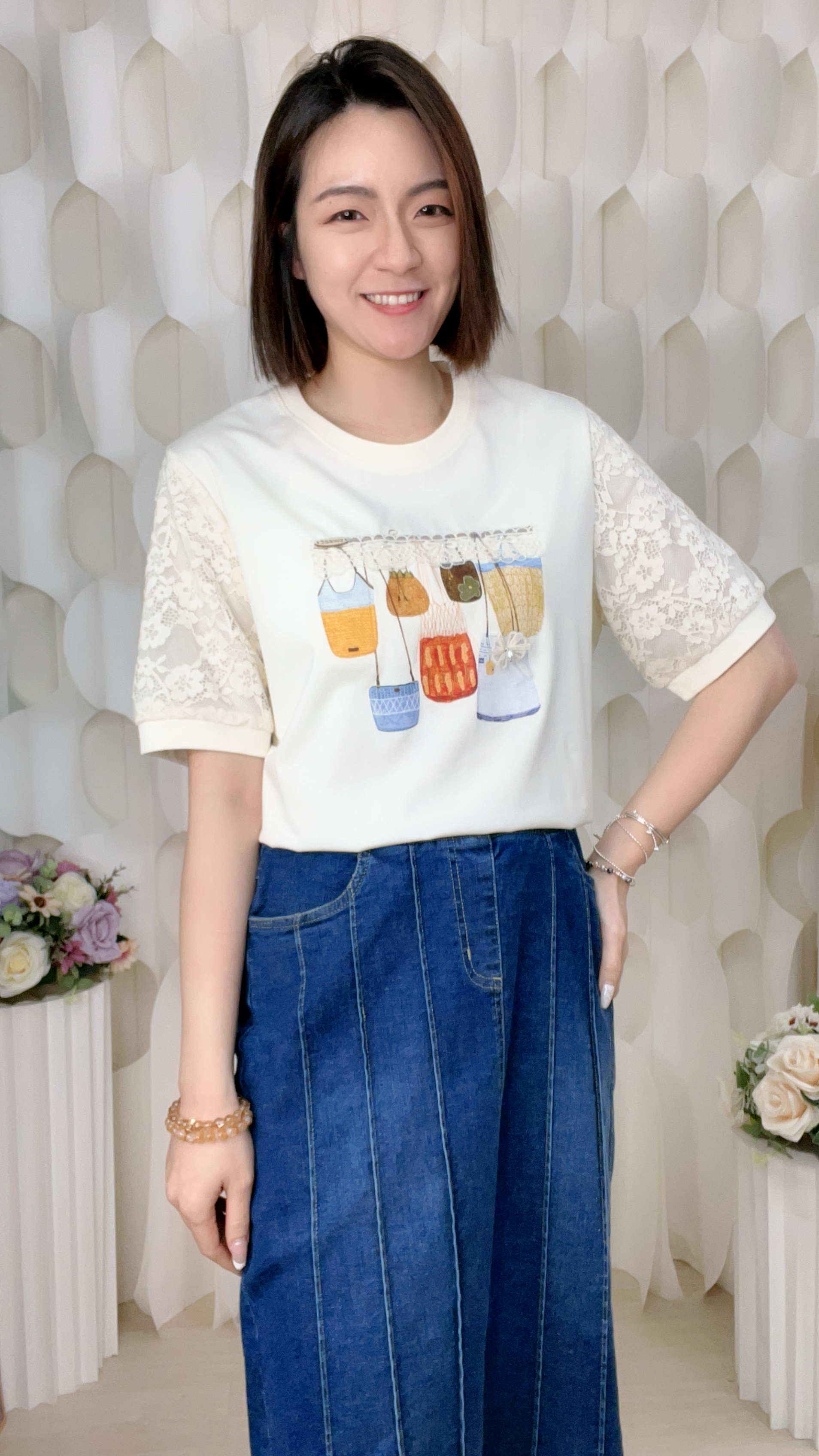 LACE手袖拼滑棉上衣(胸40-44 腰40-44 長22吋)7433 #0704clo