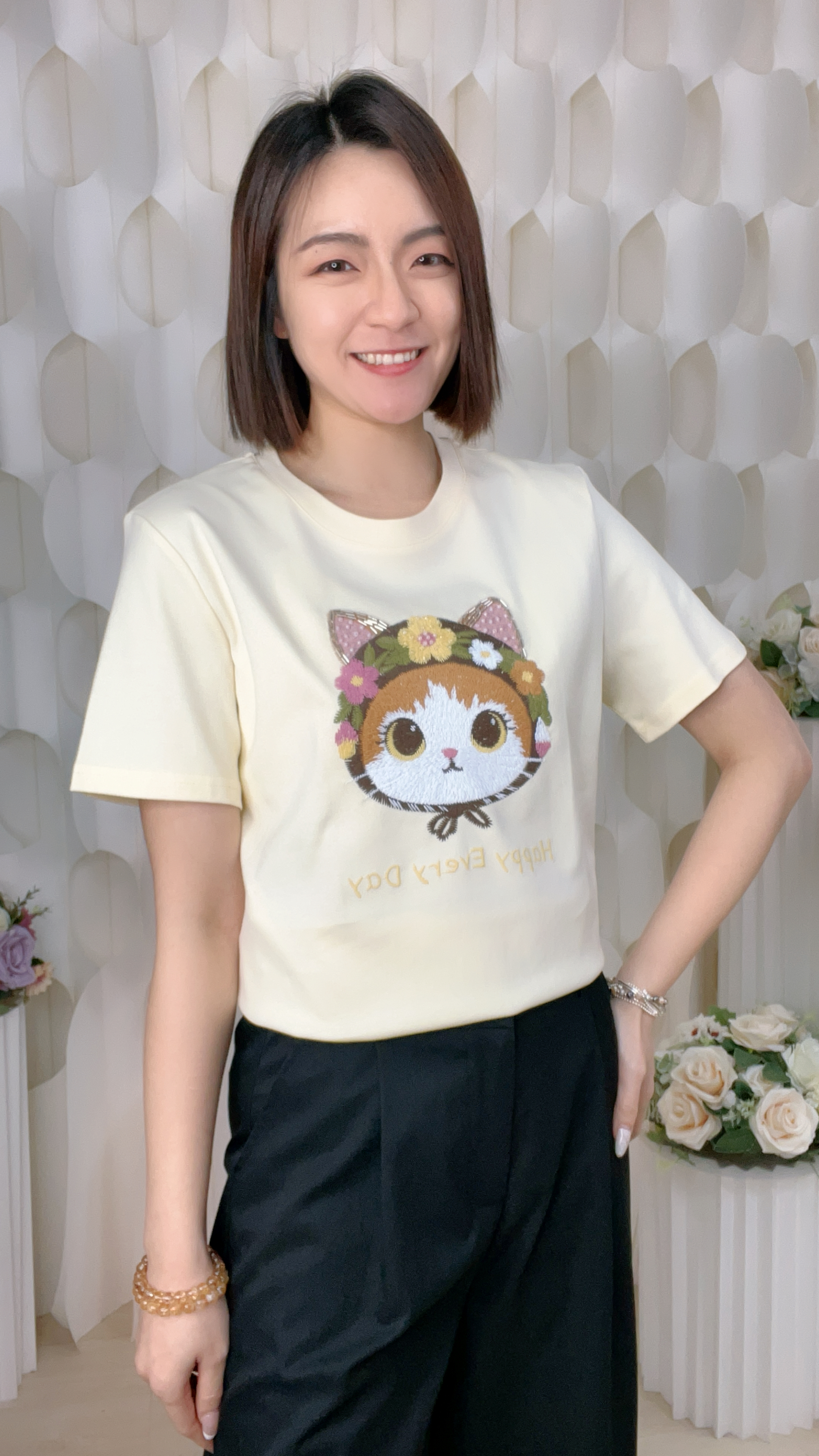 可愛貓貓刺管珠滑棉上衣(胸38-44 腰38-44 長22吋)7564 #0704clo