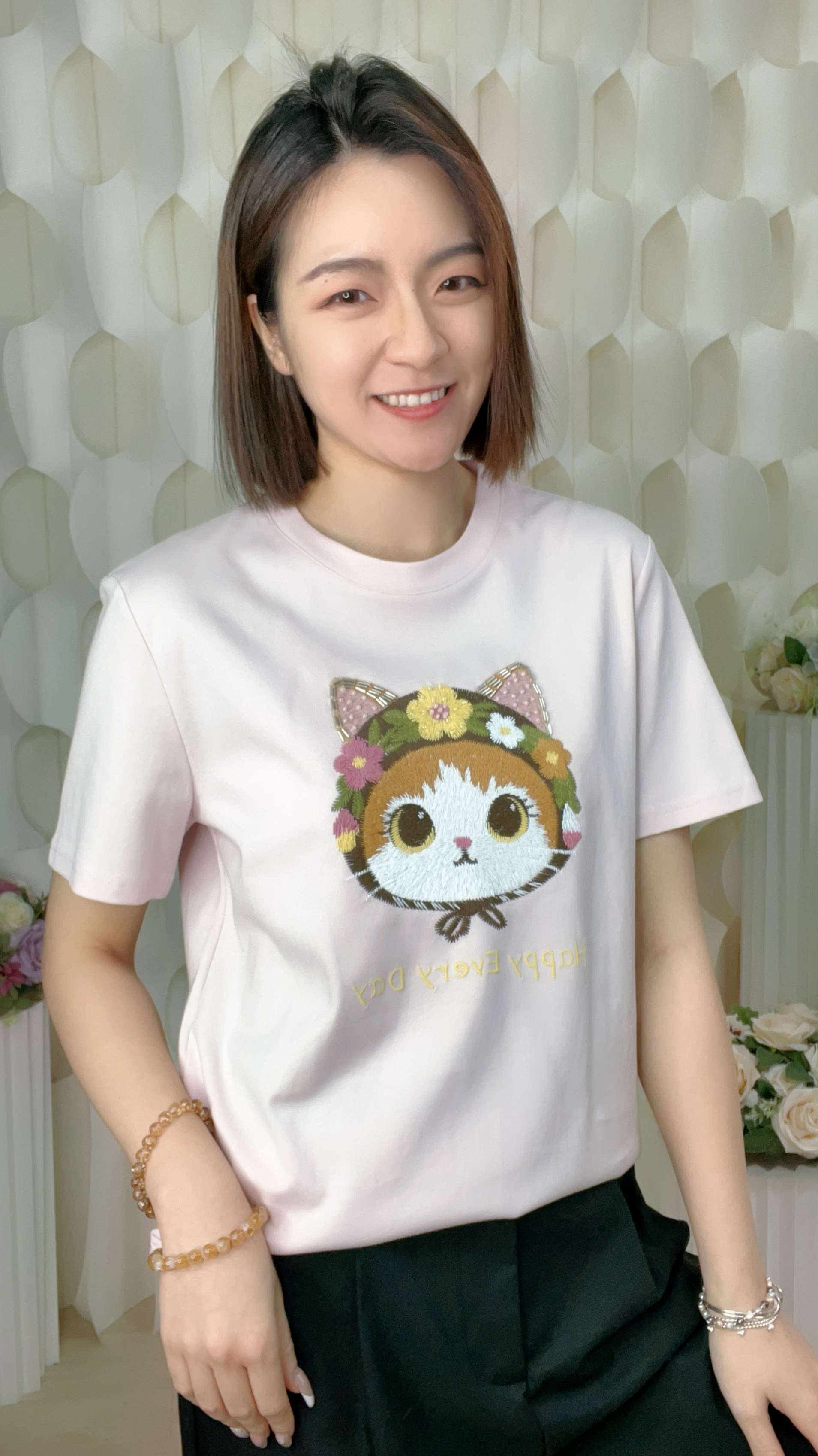 可愛貓貓刺管珠滑棉上衣(胸38-44 腰38-44 長22吋)7564 #0704clo