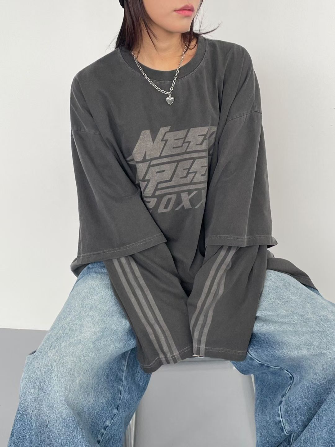 洗水假兩件英文字長袖衫 MB-041T