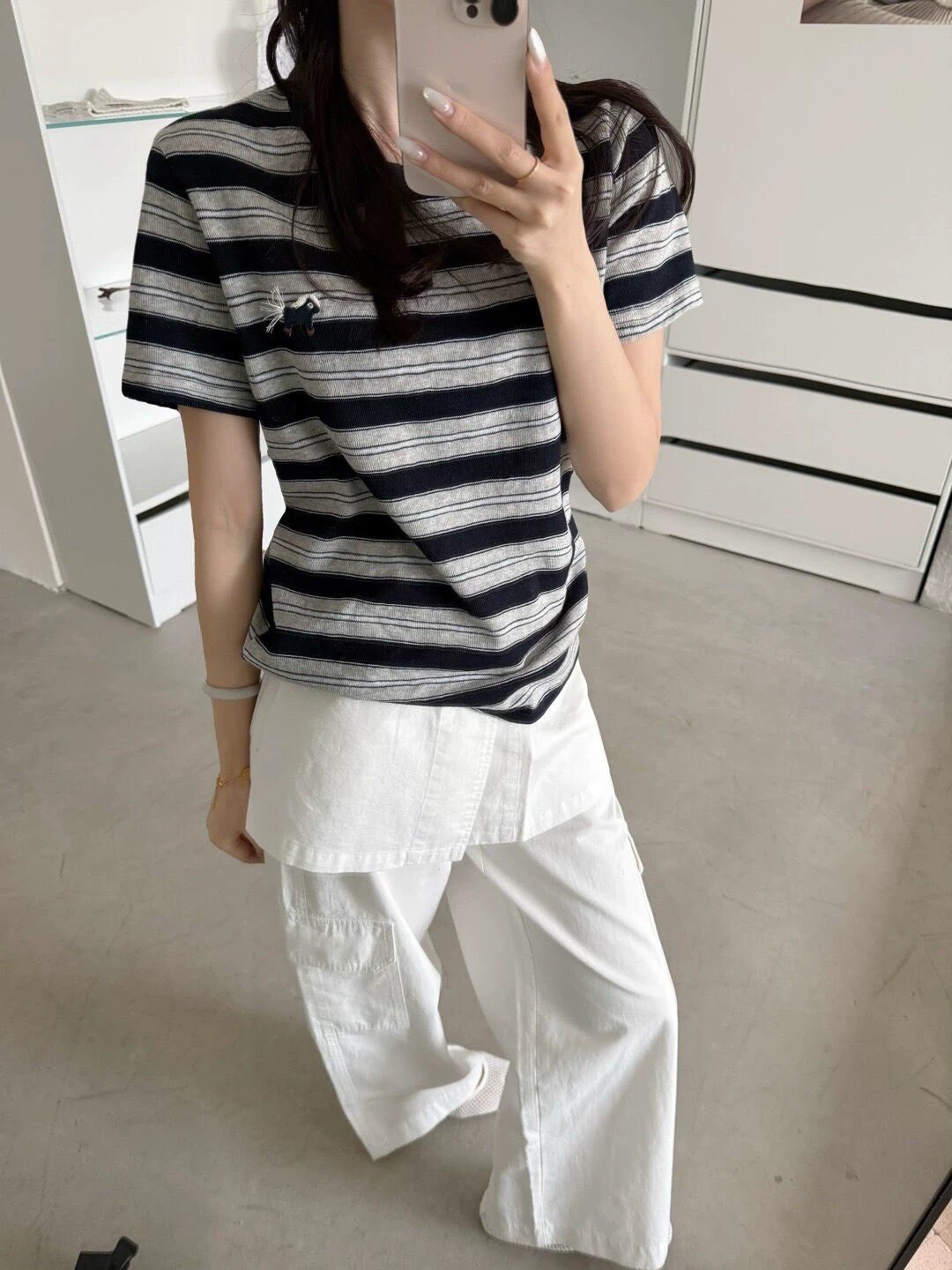 No.1683 圓領條紋小馬刺繡短T