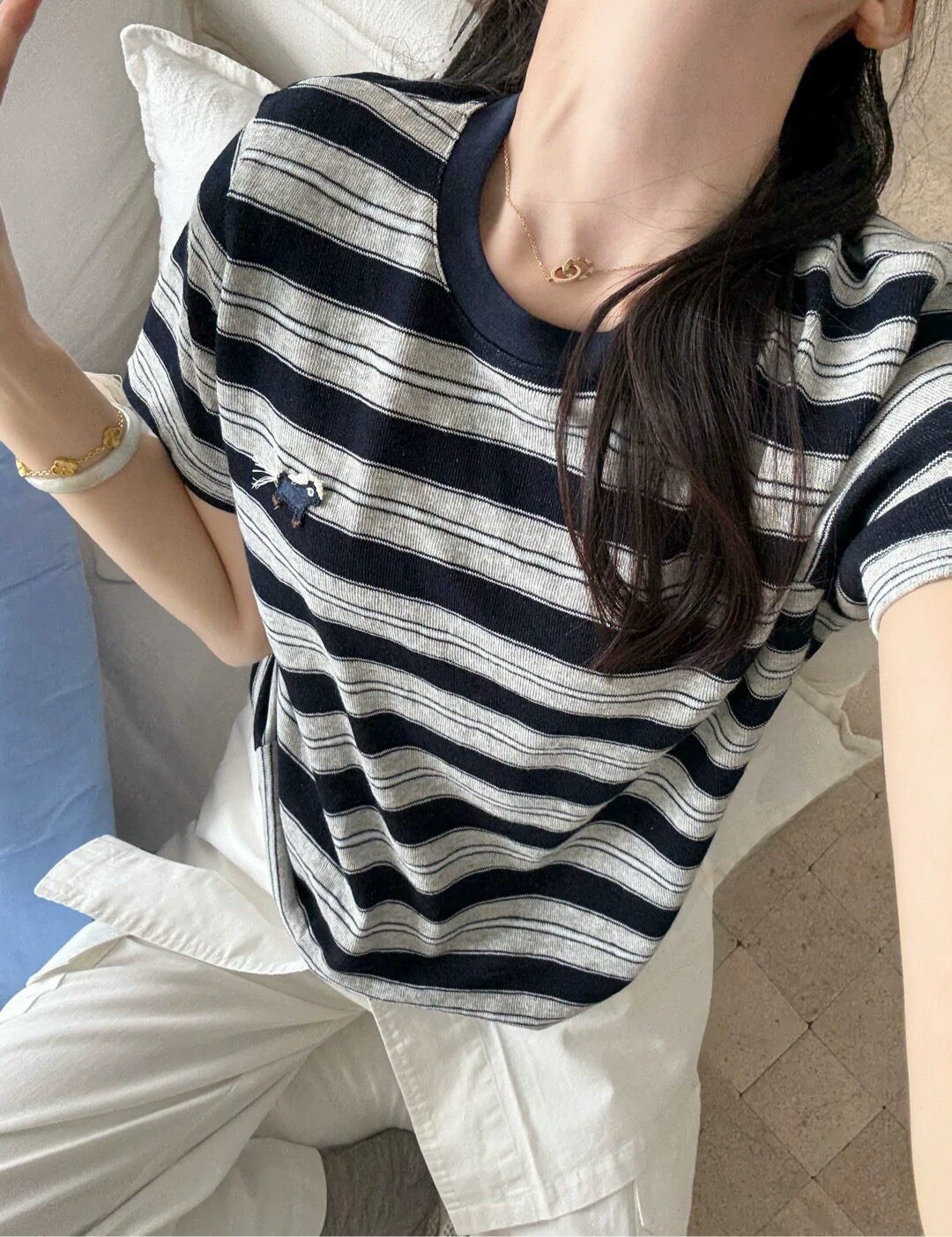 No.1683 圓領條紋小馬刺繡短T