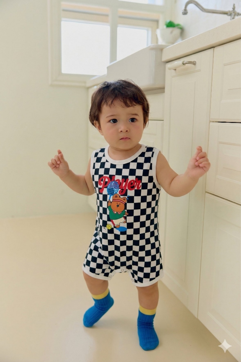 正韓夏SERA  嫩嬰棋盤格熊熊網球包屁衣