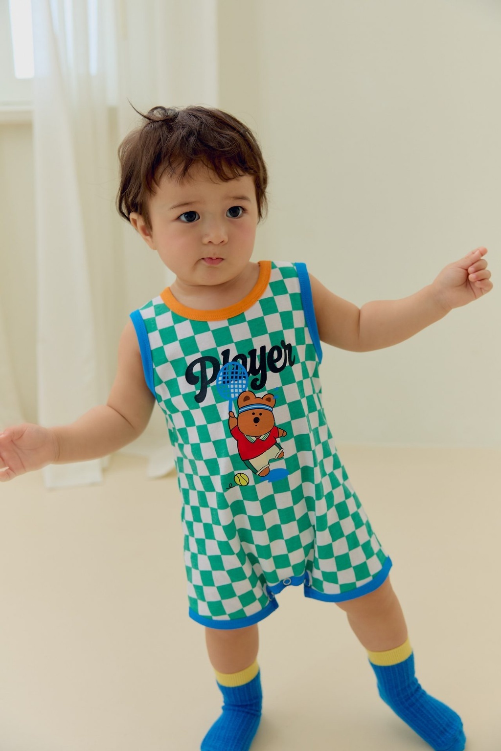 正韓夏SERA  嫩嬰棋盤格熊熊網球包屁衣