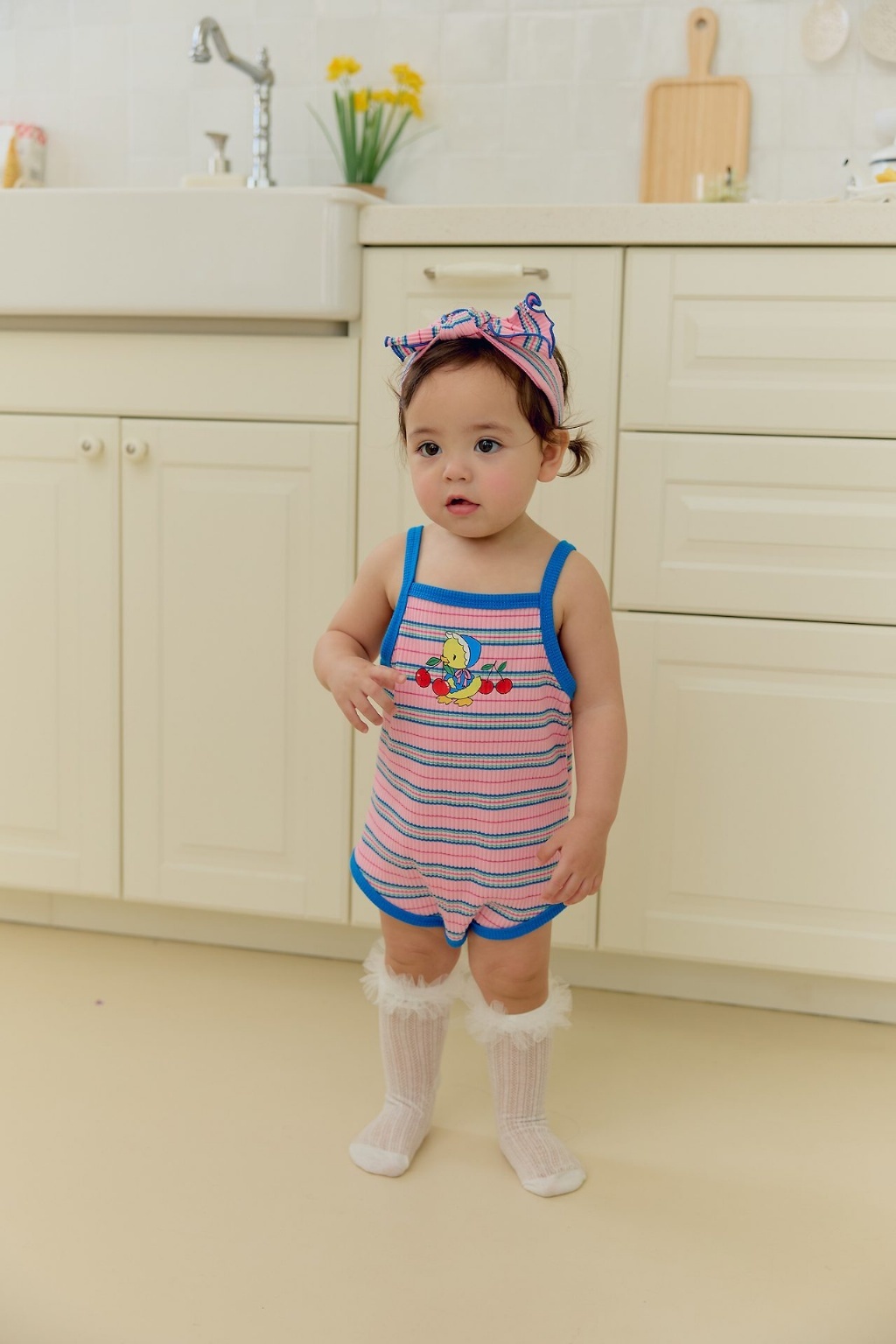 正韓夏SERA  嫩嬰小鴨櫻桃條紋包屁衣