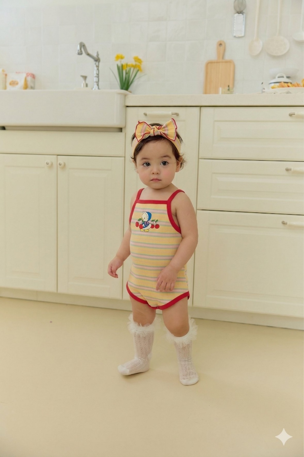 正韓夏SERA  嫩嬰小鴨櫻桃條紋包屁衣