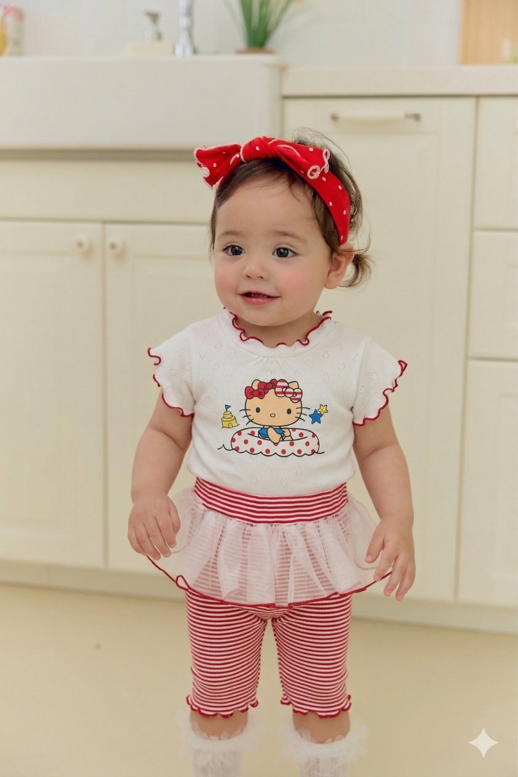 正韓夏SERA  泳圈貓咪木耳捲邊褲套裝