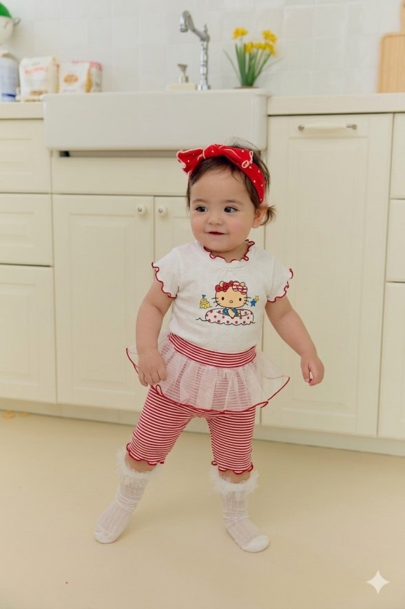 正韓夏SERA  泳圈貓咪木耳捲邊褲套裝