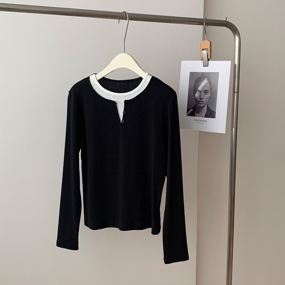 No.1684 天絲亨利V領假兩件打底