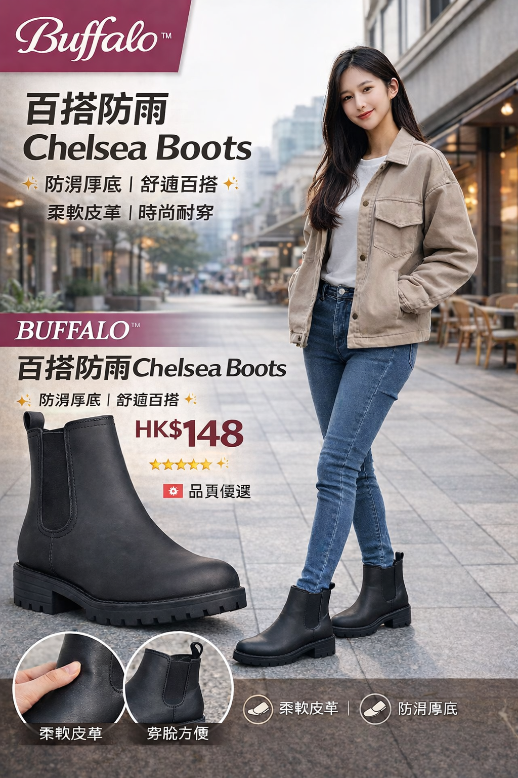 OBS415 Buffalo「百搭防雨Chelsea Boots」厚底短靴