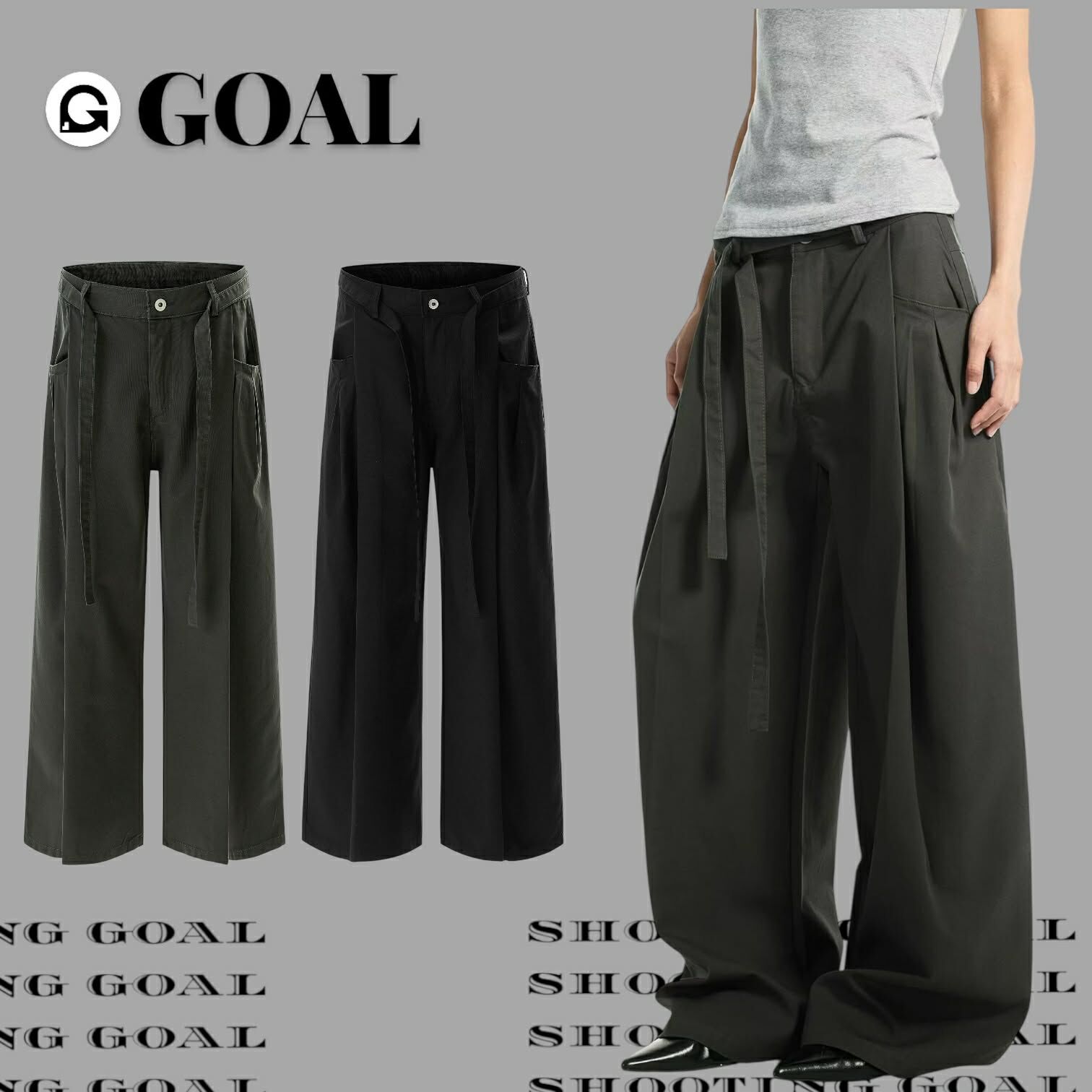 GOAL 美式 復古 簡約 壓褶 闊腿 工裝褲 男女款 休閒 直筒 設計感 長褲 2622