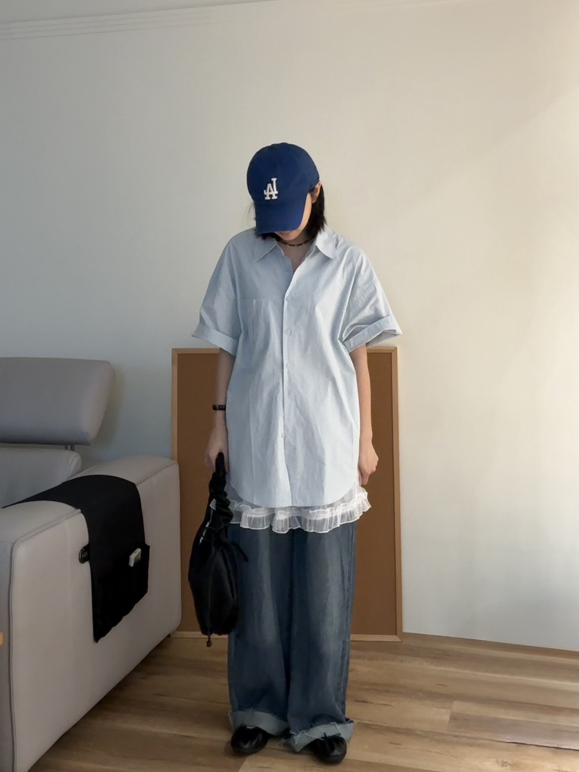 涼感短袖寬鬆襯衫 (藍)