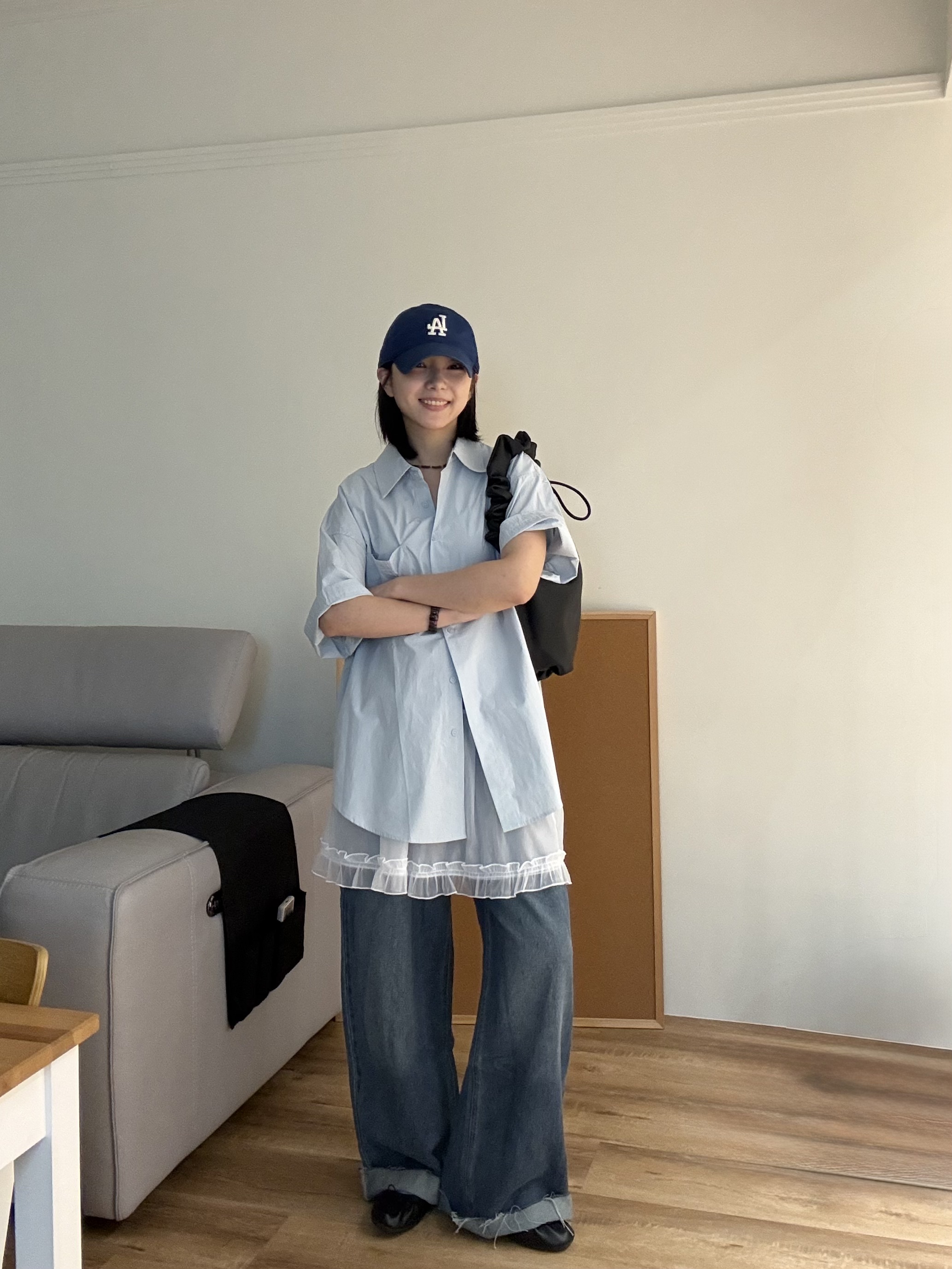 涼感短袖寬鬆襯衫 (藍)