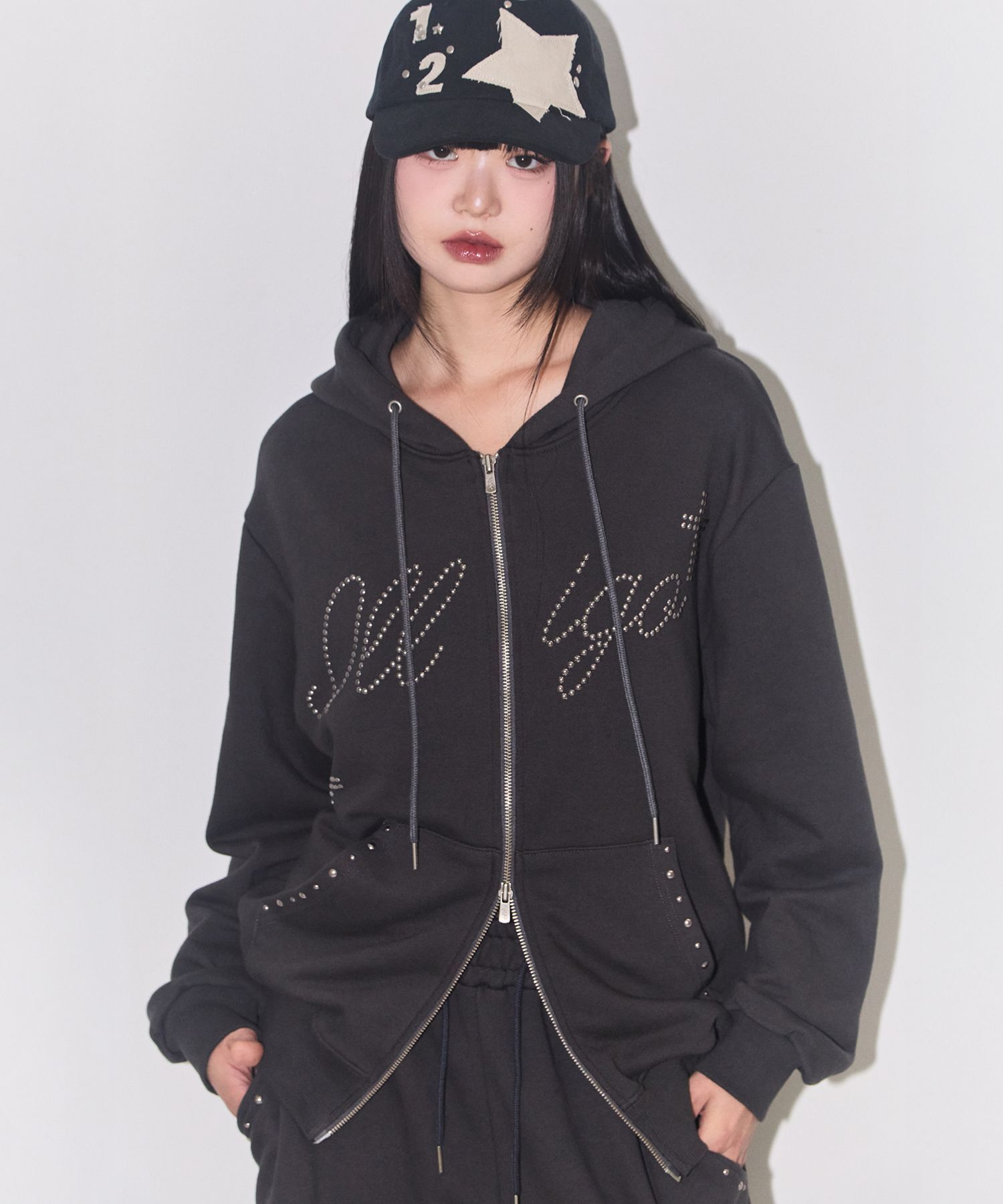 ILLIGO 交叉水鑽連帽拉鍊外套 炭灰色 25AWOUT13CH