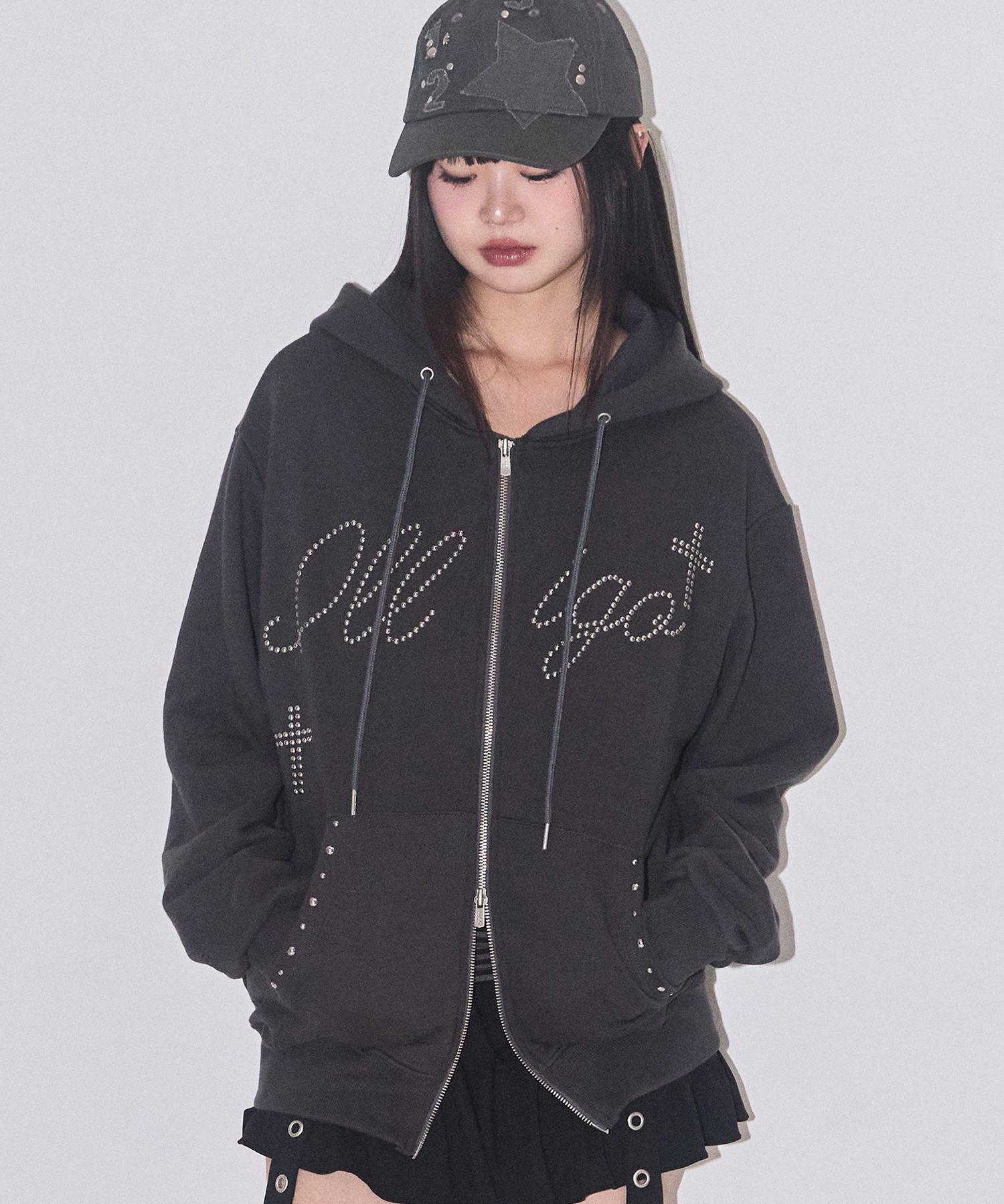 ILLIGO 交叉水鑽連帽拉鍊外套 炭灰色 25AWOUT13CH