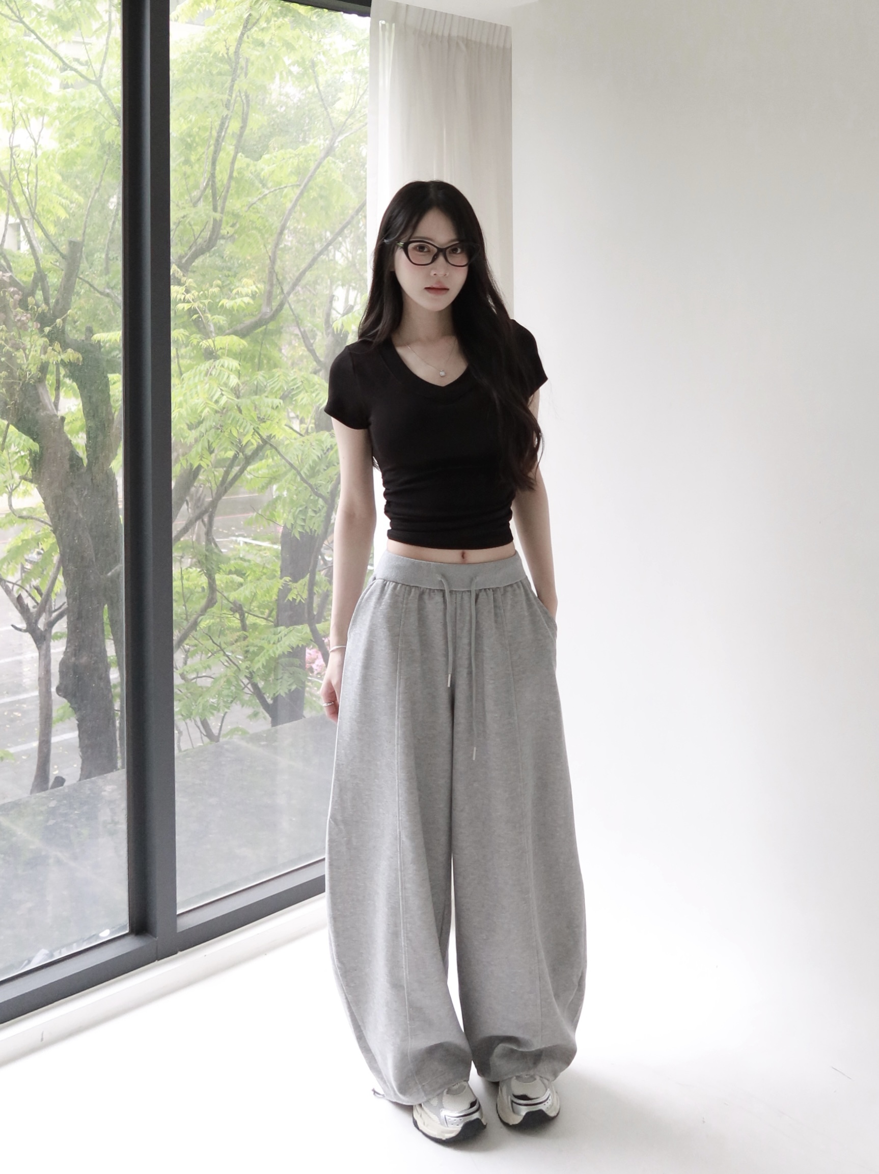 休閒寬鬆彎刀棉褲