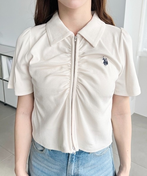 U.S. POLO ASSN. / double-zip front gathered collar short-sleeved cardigan