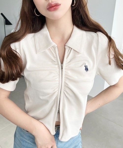 U.S. POLO ASSN. / double-zip front gathered collar short-sleeved cardigan