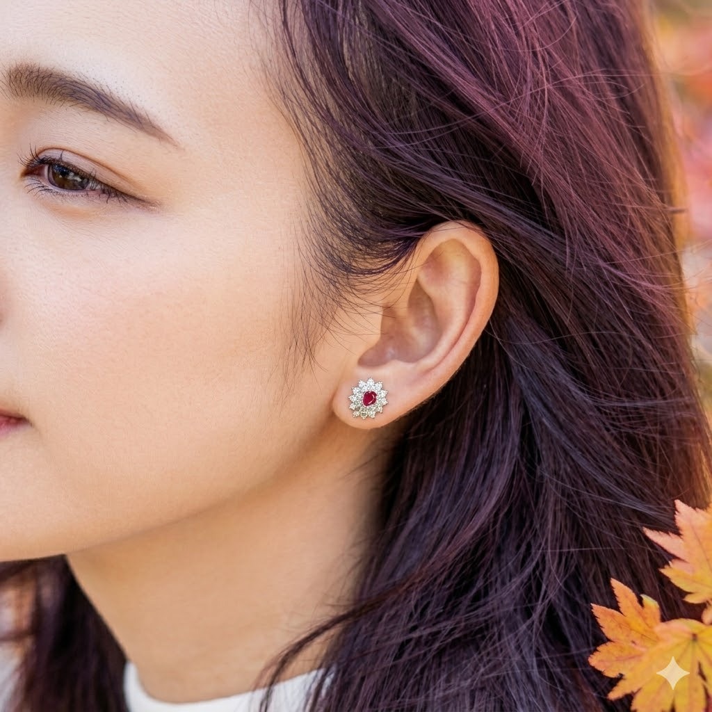 全新18K白金【主石68份紅寶石】配60份鑽石耳環