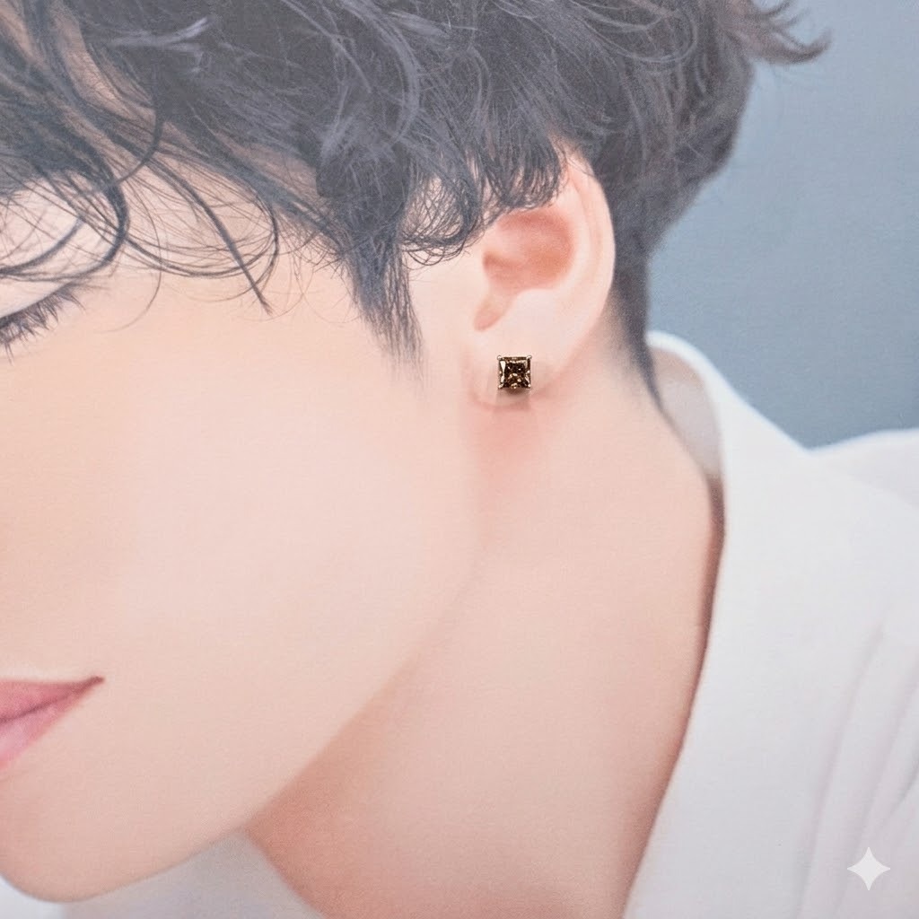 全新18K白金【主石95份咖啡方形鑽】耳環