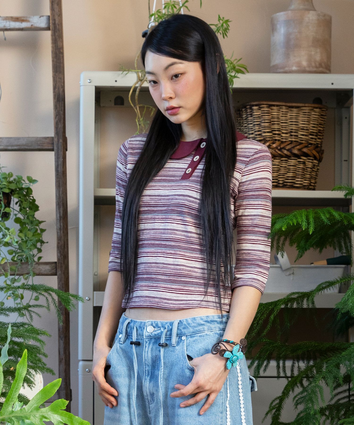 RuNaKi'Hu' 條紋領口七分袖T-Shirt WXT090RE