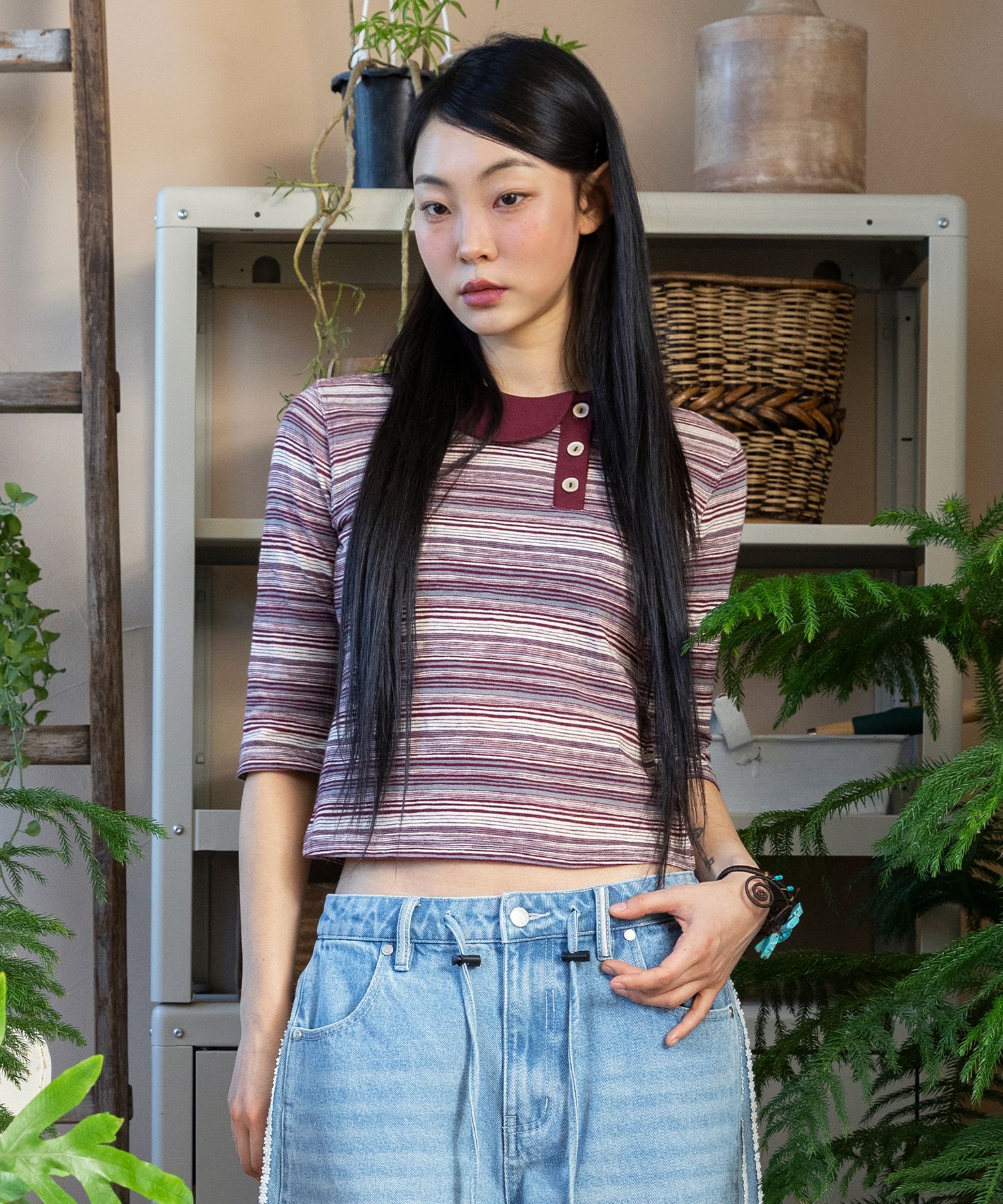 RuNaKi'Hu' 條紋領口七分袖T-Shirt WXT090RE