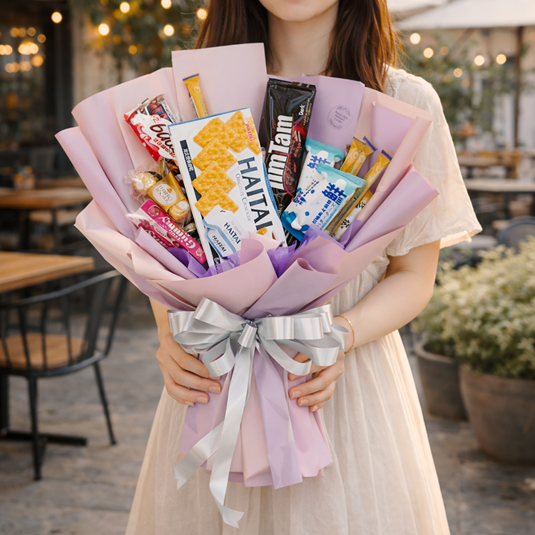 一位穿米白色洋裝的女生站在戶外餐廳前,畫面沒有拍到臉,只拍到下半張臉到身體。她雙手拿著一束粉紫色零食花束,花束偏直向、約中等寬度,包裝有粉色與淡紫色包裝紙,綁著銀色緞帶,裡面可見餅乾、巧克力和糖果;背景有桌椅、植栽與暖黃色燈串,整體氛圍自然柔和。