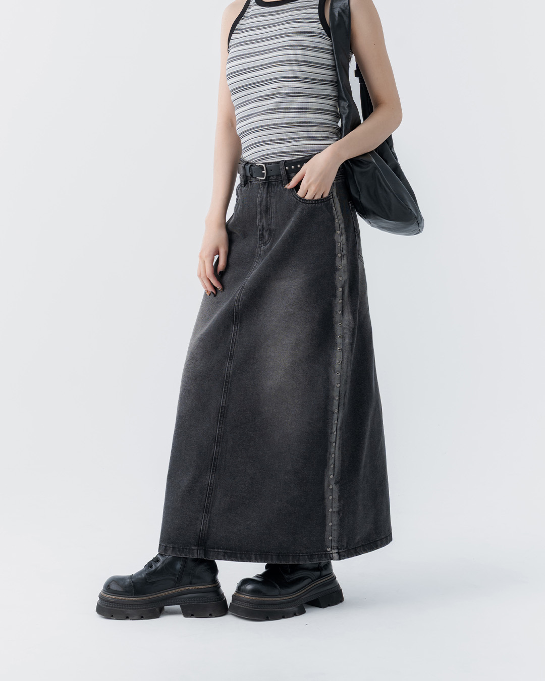 Studded denim maxi skirt with belt S/M/L【03021743】in stock+pre-order