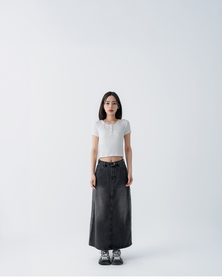 Studded denim maxi skirt with belt S/M/L【03021743】in stock+pre-order