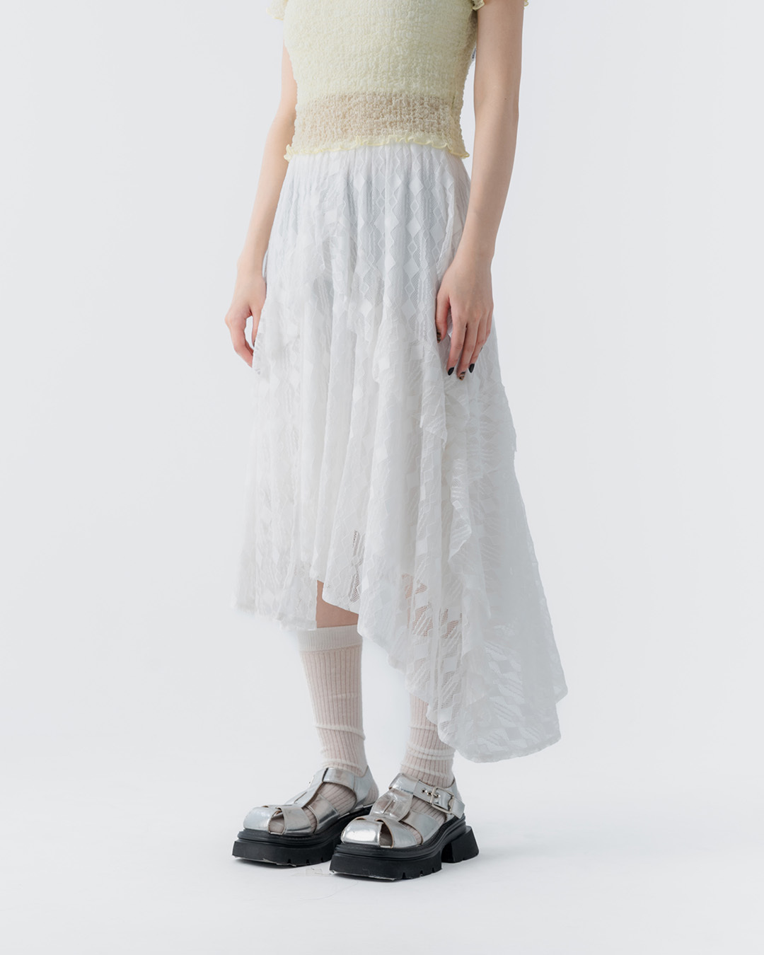 Jacquard lace midi skirt with irregular hem, available in two colors, S/M.【03021758】in stock+pre-order