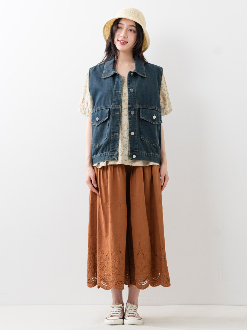 牛仔背心拼接短袖上衣繡花純棉寬褲組合