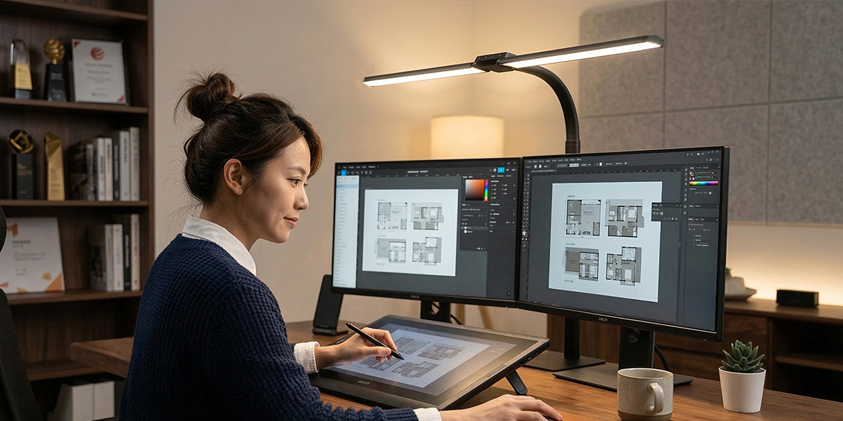 軟體工程師雙螢幕寫程式使用光之塔無反光檯燈