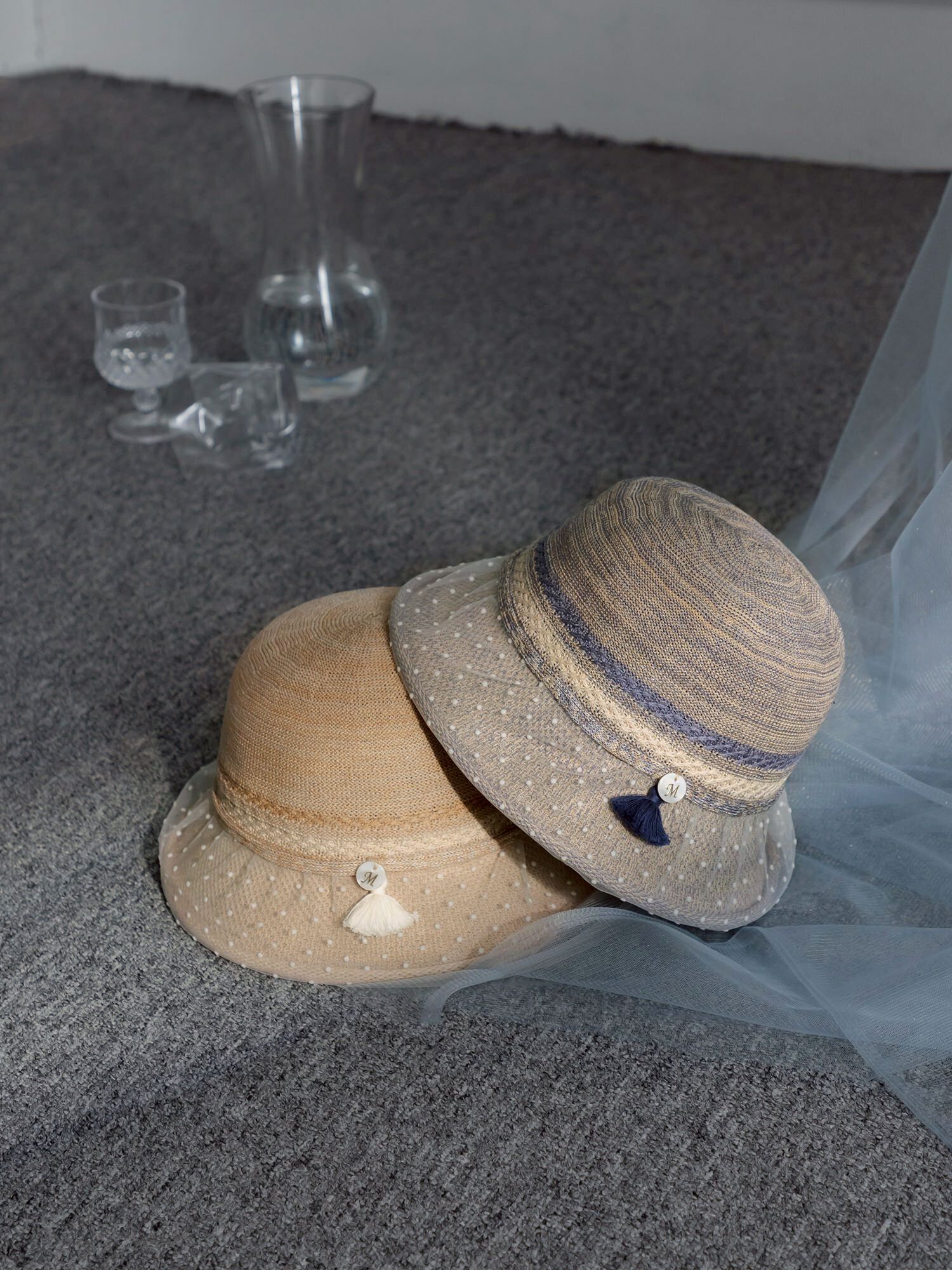 未接來電。MUCHAT手作透紗點點流蘇漁夫帽 (灰藍)