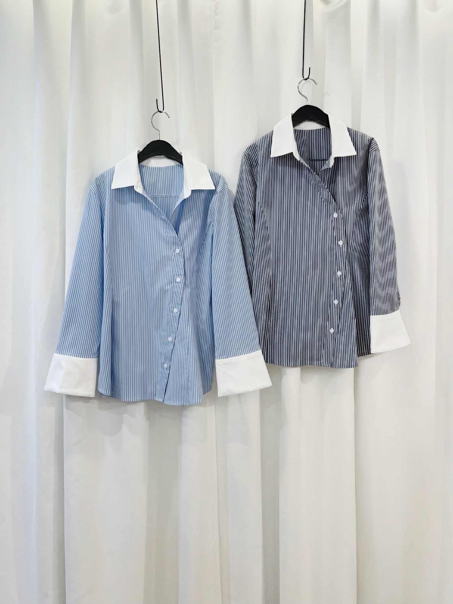 圓弧側釦撞色領條紋上衣