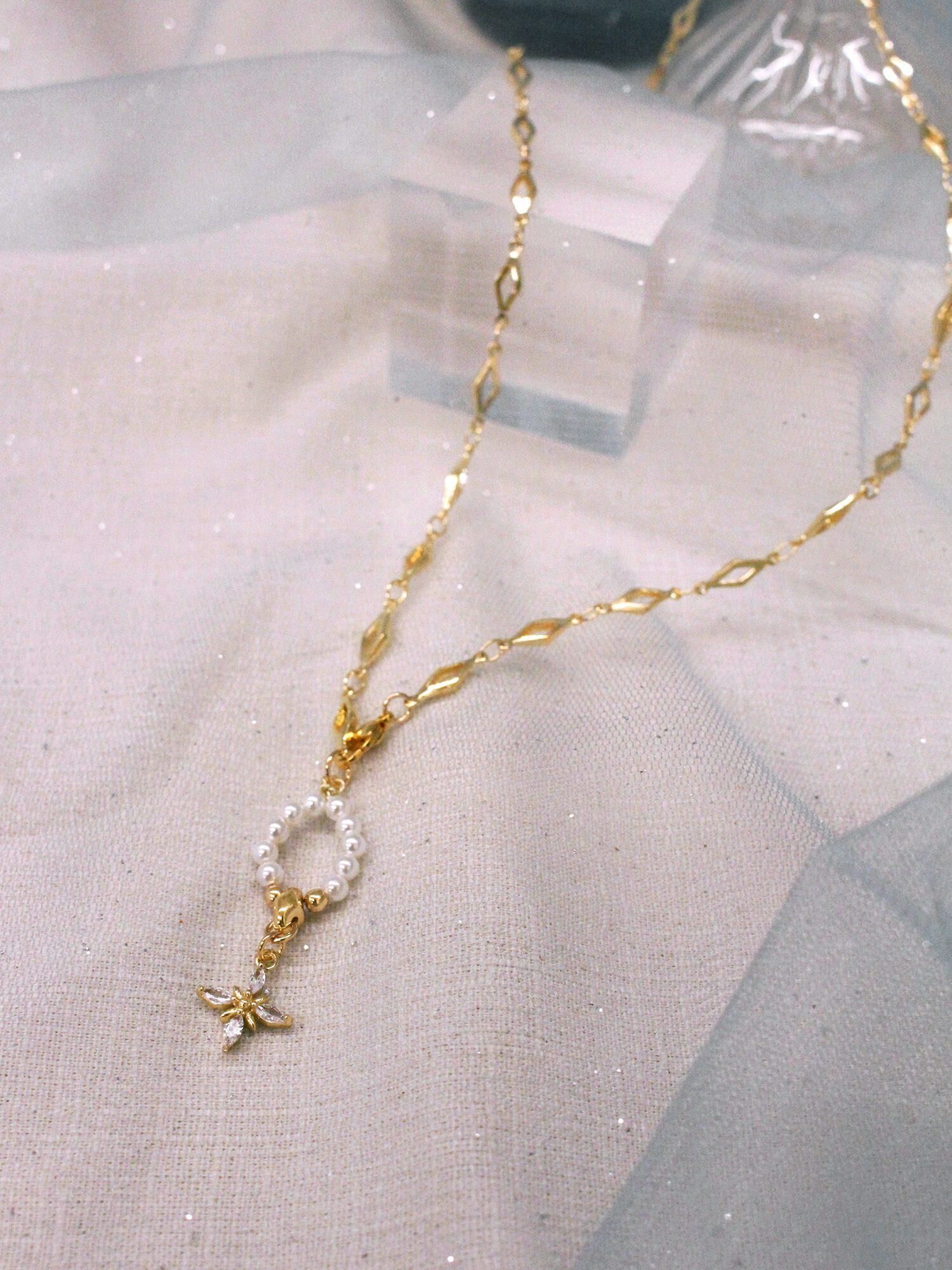 蠻蠻小陽台。(2way)MUCHAT手作14KGP鋯石珍珠菱形項鍊