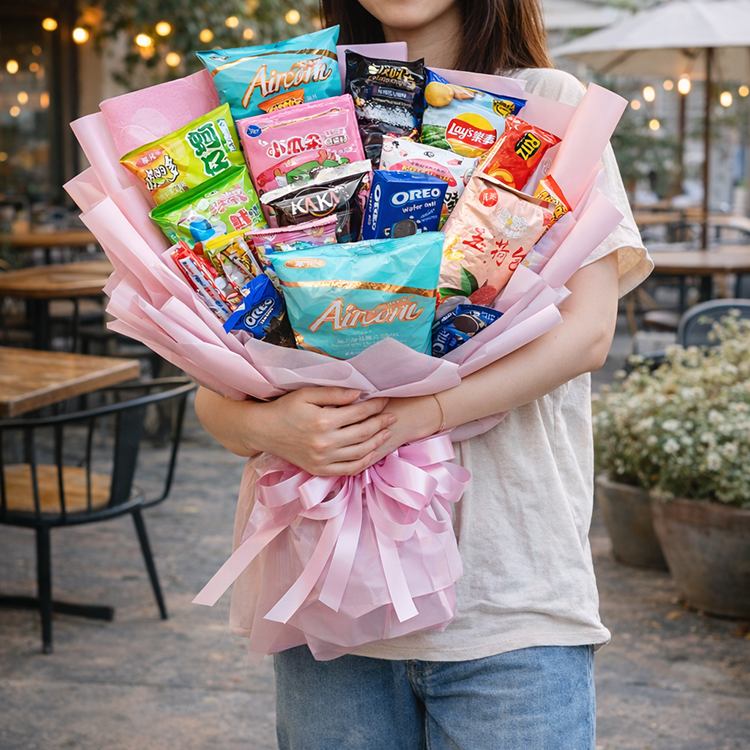 Happy Gift 大型零食餅乾花束,粉紅色層次包裝搭配粉色緞帶蝴蝶結,內含樂事洋芋片、Oreo、小乖乖等多款品牌零食。由模特兒捧著展現大份量質感,是慶祝派對、畢業典禮或告白求婚的熱門首選。