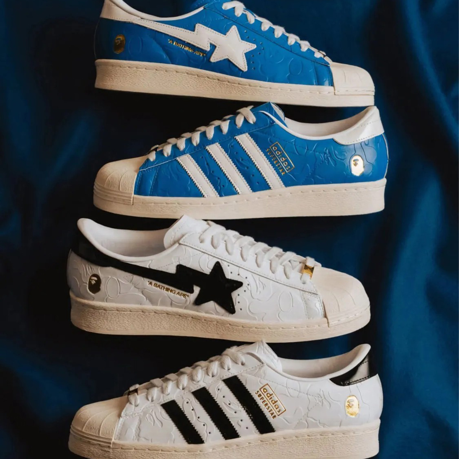 聯名款 A Bathing Ape x adidas Originals Superstar 黑白 藍白 金標 漆皮 猿人頭 Bape 百搭 板鞋 復古休閒鞋 JR2701 JR2702