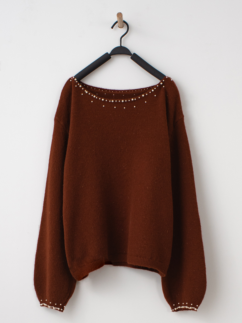 名媛氣質一字領珍珠金蔥針織上衣