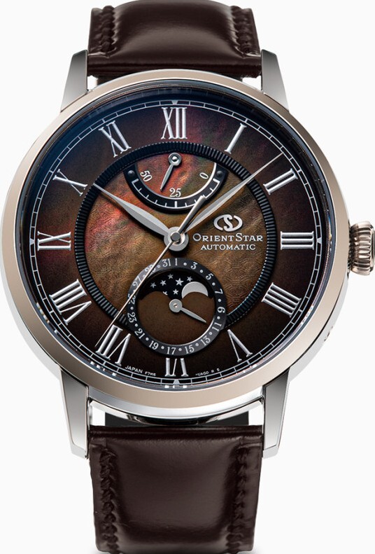 萬年鐘錶 - 東方錶  ORIENT STAR  東方之星  M45 F7  珍珠母貝與棕色漸層錶盤月相兩日鍊機械錶 RE-AY0121A 錶徑 : 39.5mm