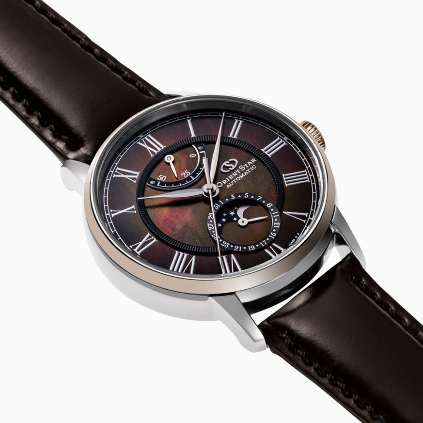 萬年鐘錶 - 東方錶  ORIENT STAR  東方之星  M45 F7  珍珠母貝與棕色漸層錶盤月相兩日鍊機械錶 RE-AY0121A 錶徑 : 39.5mm
