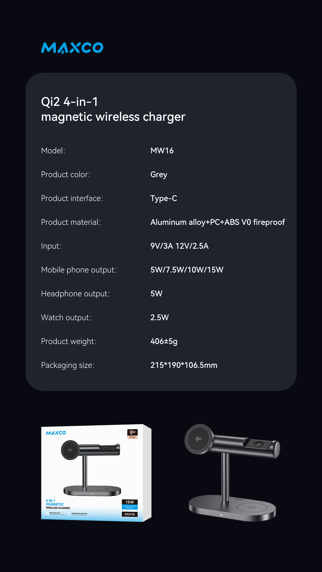 Maxco Qi2 4-in-1 Magnetic Ambient Light Wireless Charging Stand MW16