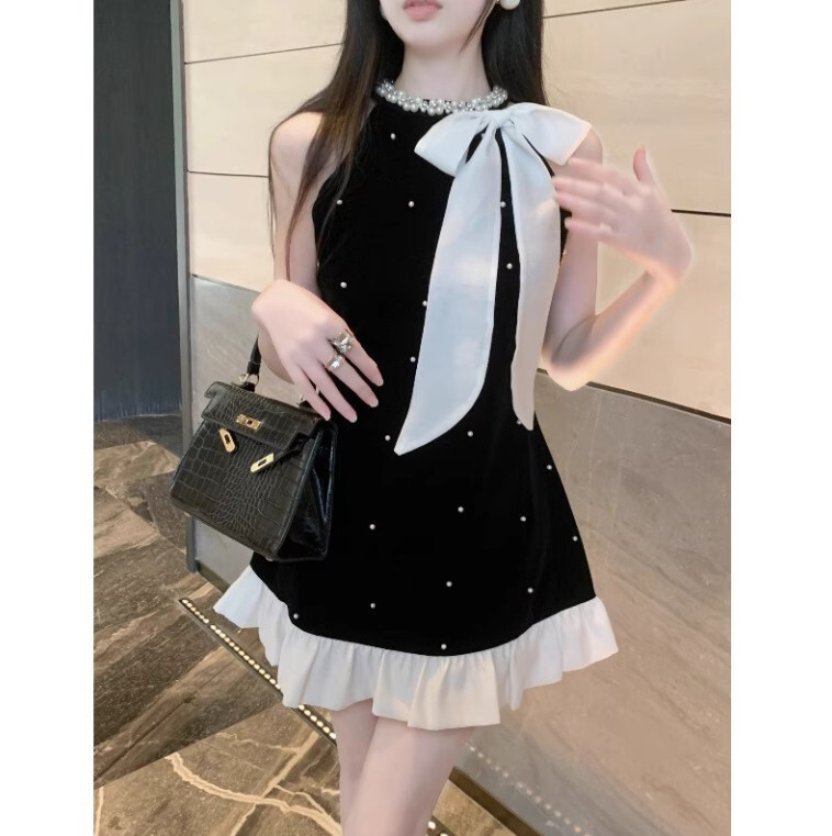 蝴蝶結掛脖黑色吊帶連衣裙女生春夏A字裙